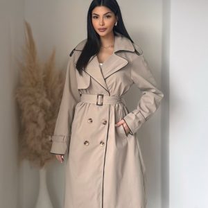 Trench Femme Oversize avec Détails en Simili Cuir – Taupe ou Vert Foncé