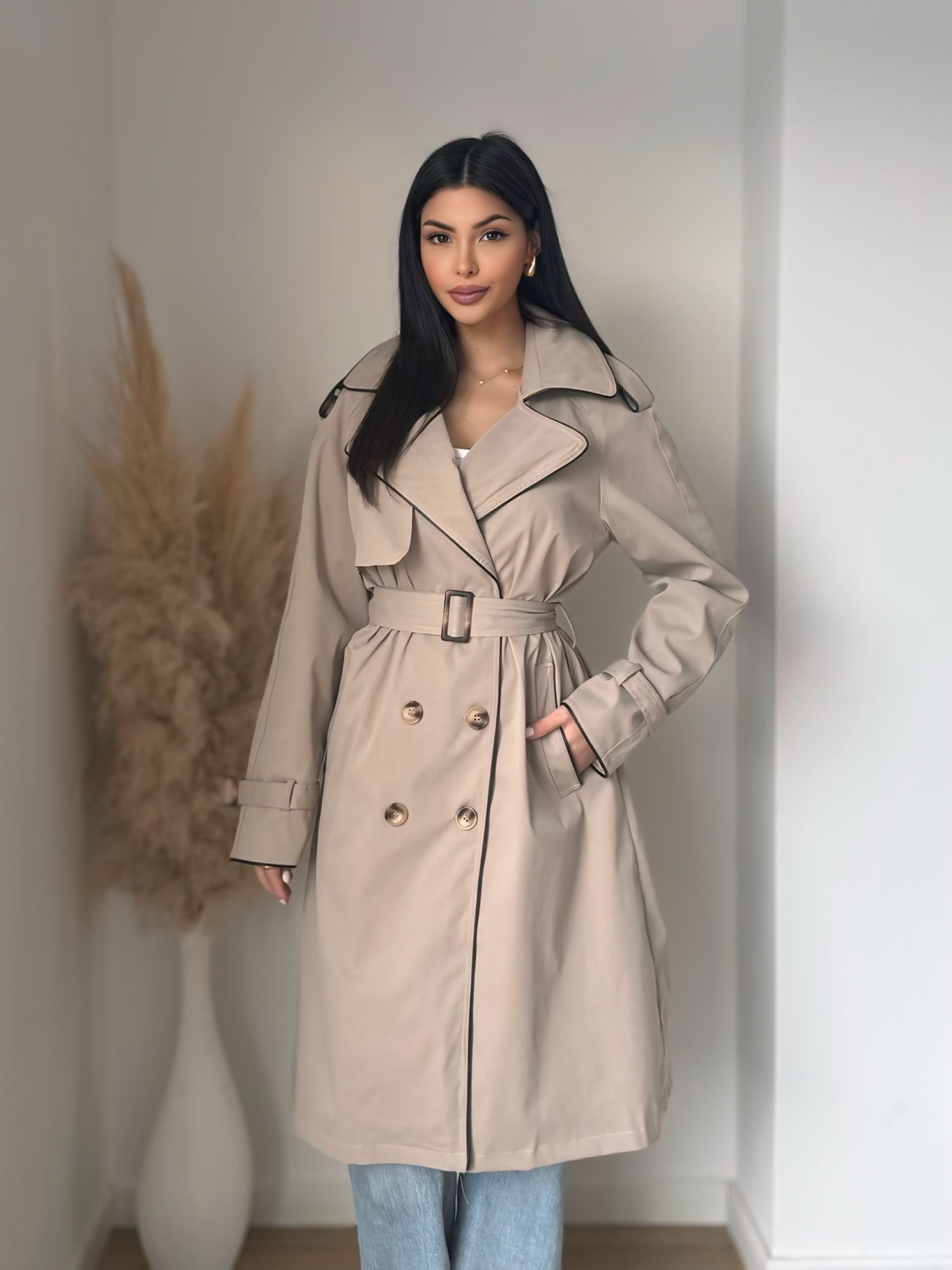 Trench Femme Oversize avec Détails en Simili Cuir – Taupe ou Vert Foncé