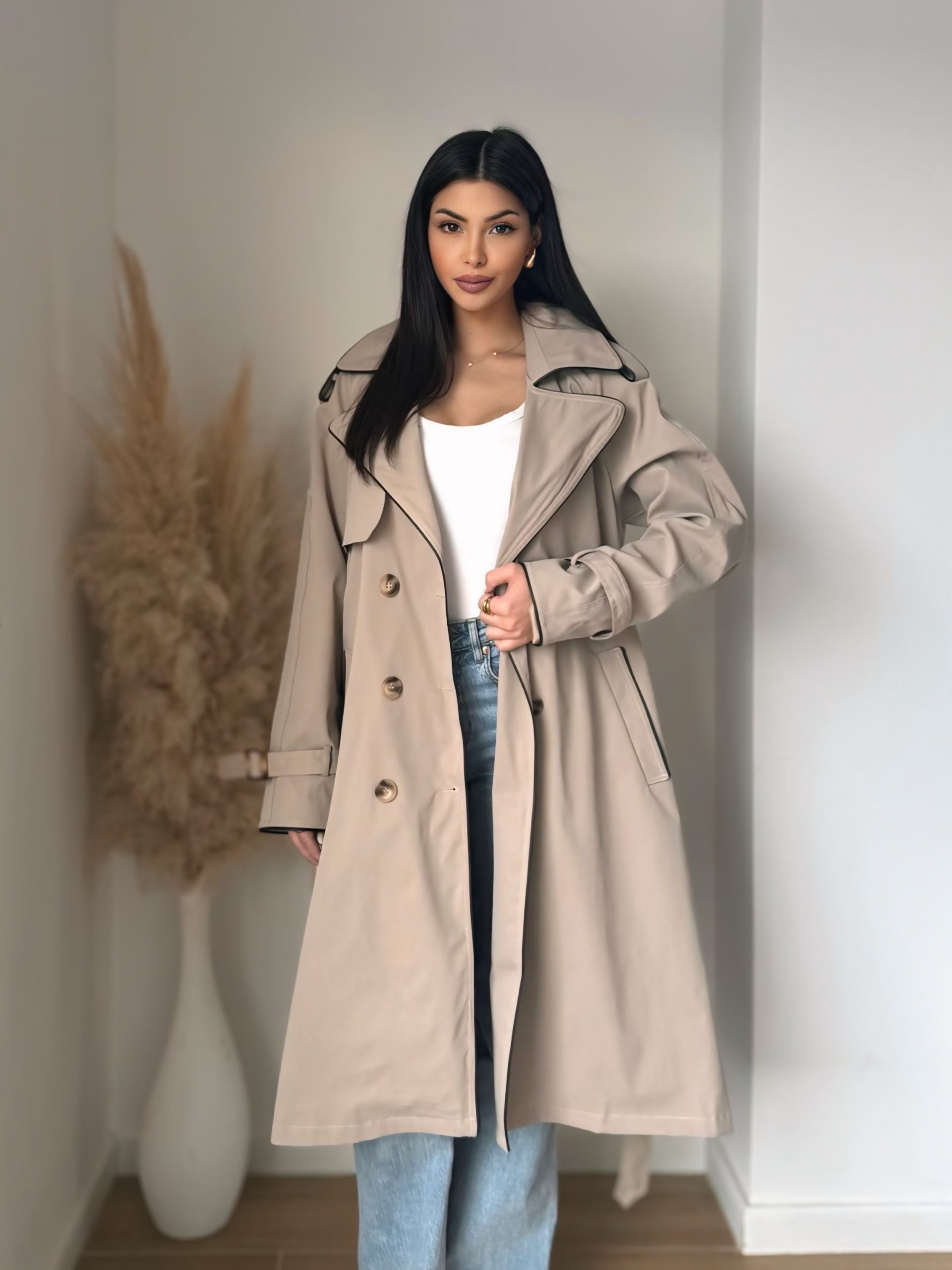 Trench Femme Oversize avec Détails en Simili Cuir – Taupe ou Vert Foncé – Image 3