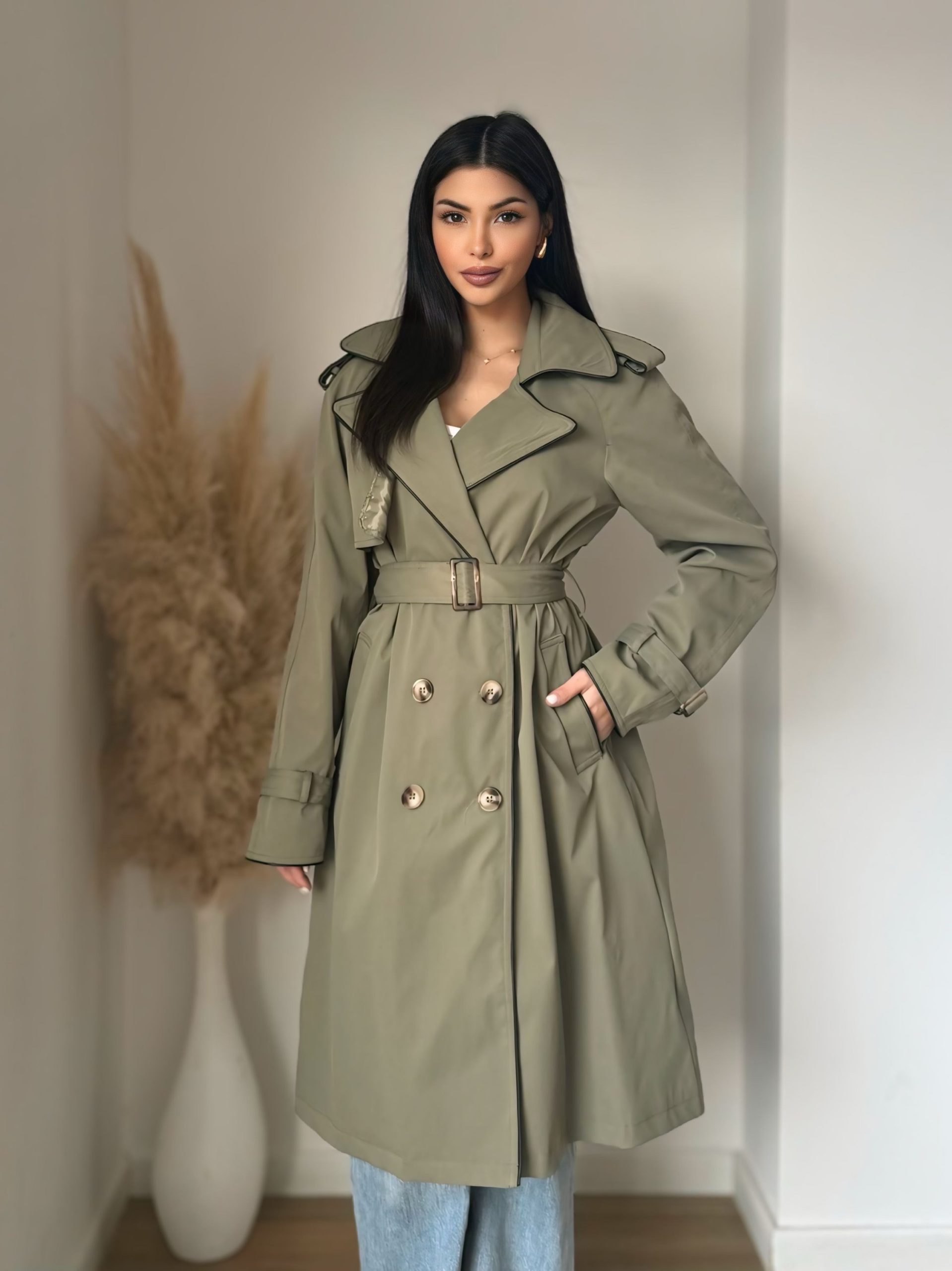 Trench Femme Oversize avec Détails en Simili Cuir – Taupe ou Vert Foncé – Image 4