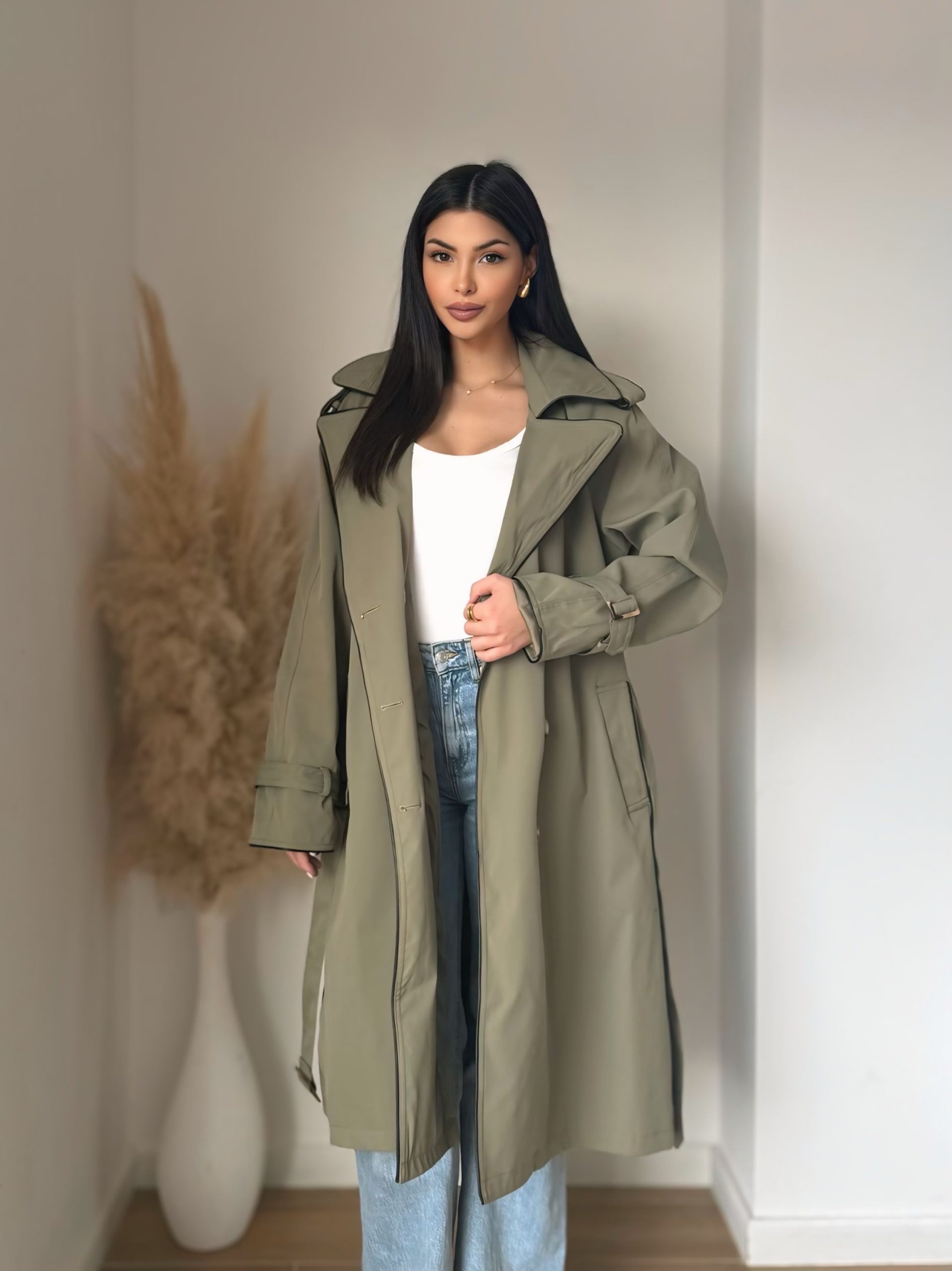 Trench Femme Oversize avec Détails en Simili Cuir – Taupe ou Vert Foncé – Image 6