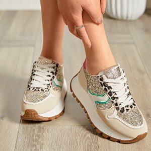 Basket Femme Beige Multicolore Pailleté – Baskets Tendance Brillantes – Tailles 36 à 41