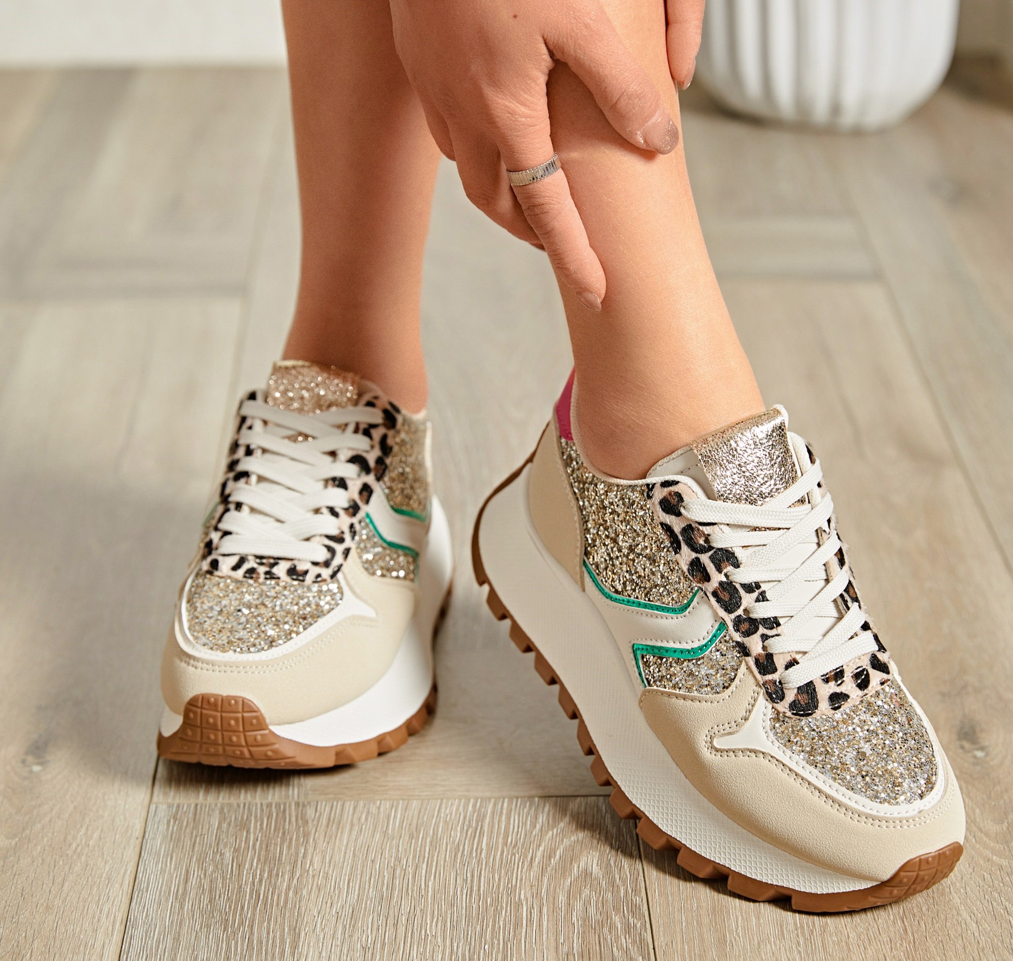 Basket Femme Beige Multicolore Pailleté – Baskets Tendance Brillantes – Tailles 36 à 41