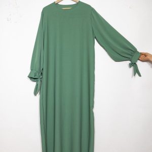 Abaya Soie de Médine Vert d'Eau – Manches Ballons & Nœuds Élégants