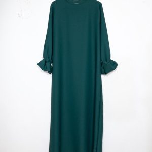 Abaya Soie de Médine Vert Sapin & Rose - Taille Unique (36 au 50) - Manches Volants