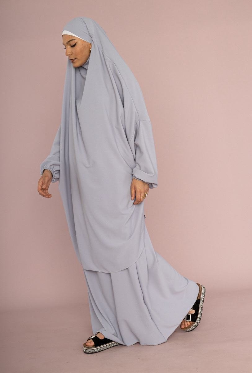 Jilbab 2 Pièces en Soie de Médine - Gris Clair - Taille Unique – Image 2
