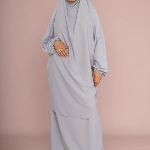Jilbab 2 Pièces en Soie de Médine - Gris Clair - Taille Unique
