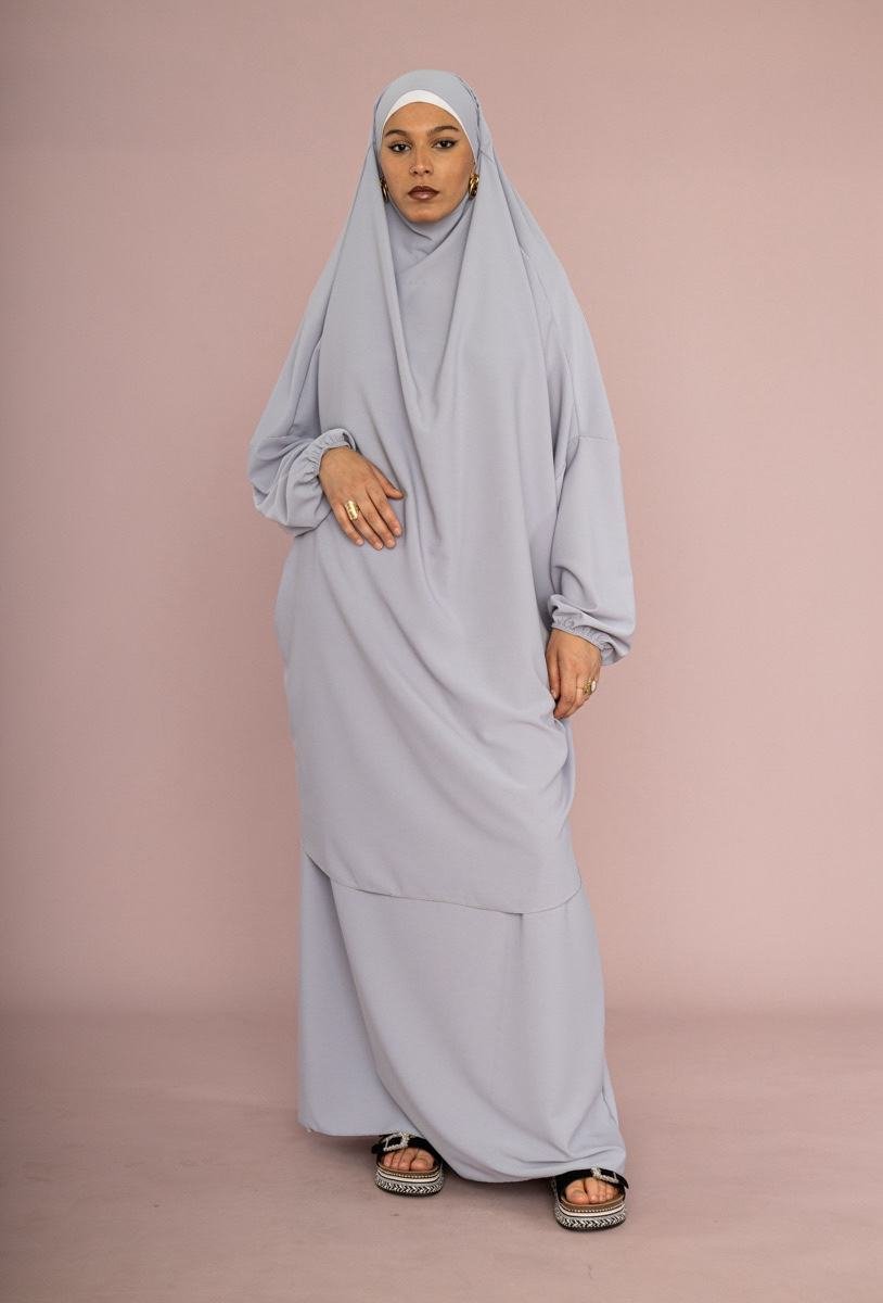 Jilbab 2 Pièces en Soie de Médine - Gris Clair - Taille Unique