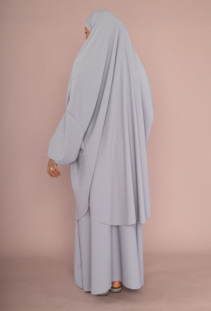 Jilbab 2 Pièces en Soie de Médine - Gris Clair - Taille Unique – Image 3