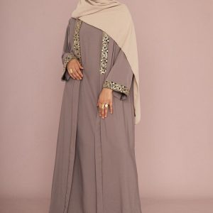 Ensemble Abaya Kimono 2 Pièces Soie de Médine – Taupe Élégance