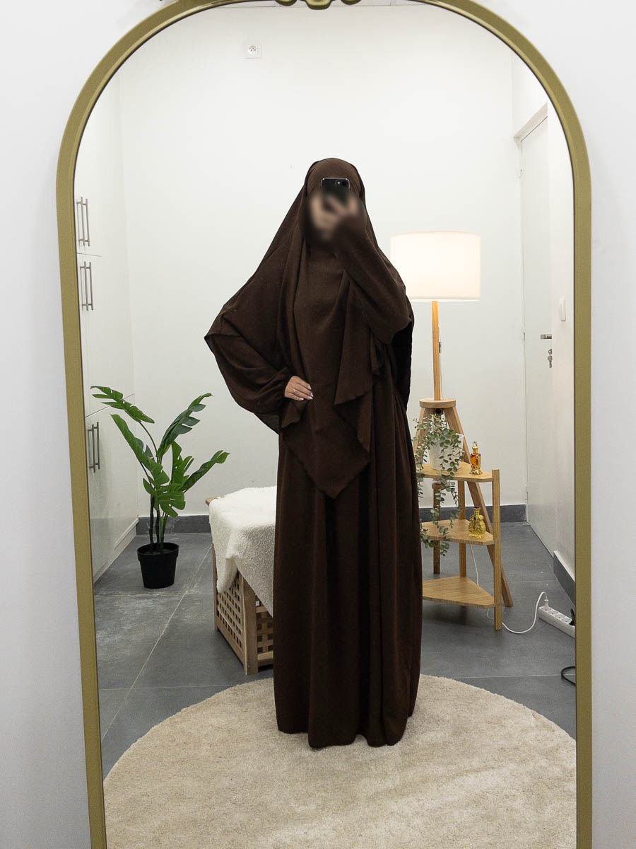 Ensemble Abaya Jazz à Manches Ballons & Maxi Khimar Long - Brun ou Vert