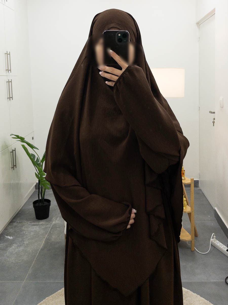 Ensemble Abaya Jazz à Manches Ballons & Maxi Khimar Long - Brun ou Vert - Image 5