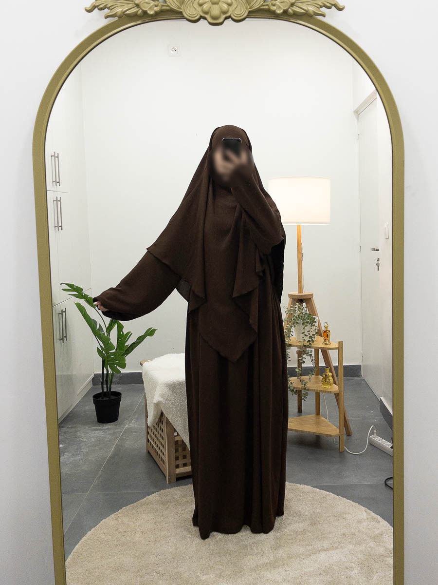 Ensemble Abaya Jazz à Manches Ballons & Maxi Khimar Long - Brun ou Vert - Image 4